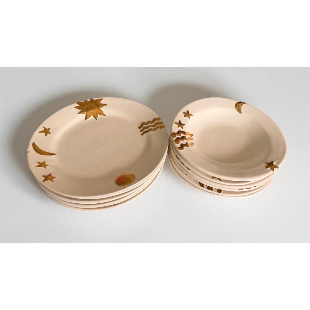 Julie Sanders Cyclamen Pottery Celestial Gold Moon Stars set of 6 Bowls & Plates